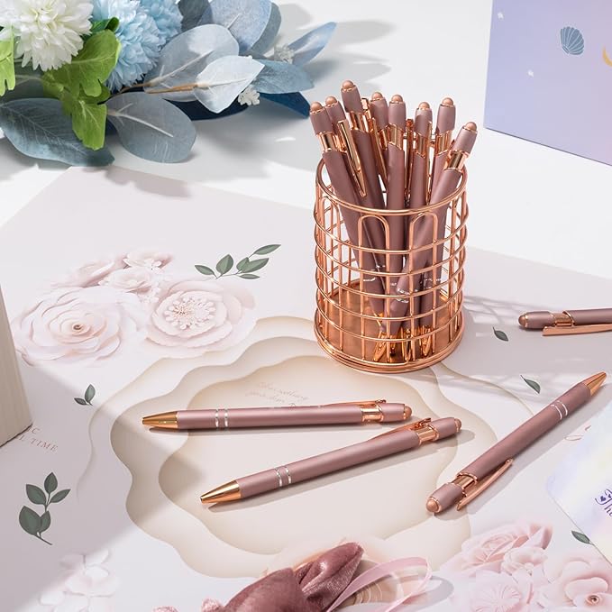 Ballpoint Pens with Stylus Tips，12 Pcs Rose Gold Retractable Metal Stylus Pen for Touch Screens, 1.0 mm Black Ink