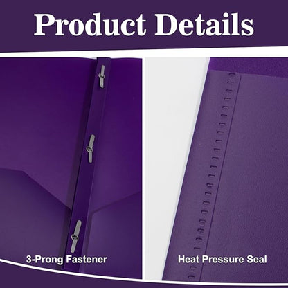 12-Pack Plastic Folders with Pockets and Prongs,2-Pocket Folders with 3 Fasteners, Poly Folders Holds 8-1/2" x 11" Paper for School/Office/Home, Purple