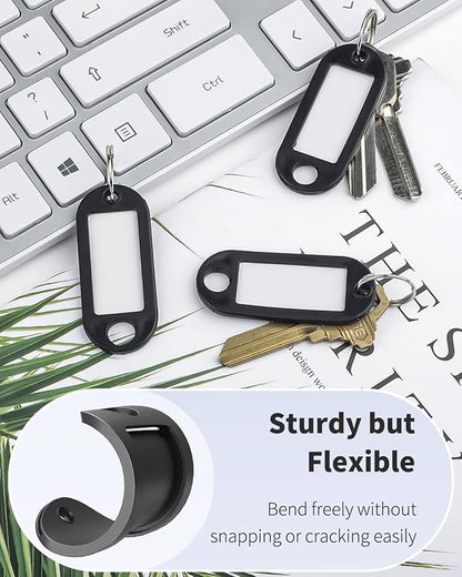 Uniclife 40 Pieces Key Tags 2 Inch Soft Plastic Key Chain Tags with Blank Paper Labels Clear Windows Protective Films and Split Rings Flexible Item Identifiers, Black