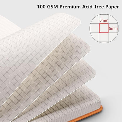 RETTACY Graph Paper Notebook, A5 Grid Notebook Journal with 192 Pages, 5.7'' × 8.3'', Medium Size, Leather Hardcover, 100 GSM Thick Paper, for Students, Homework, Math, Engineering (Orange)