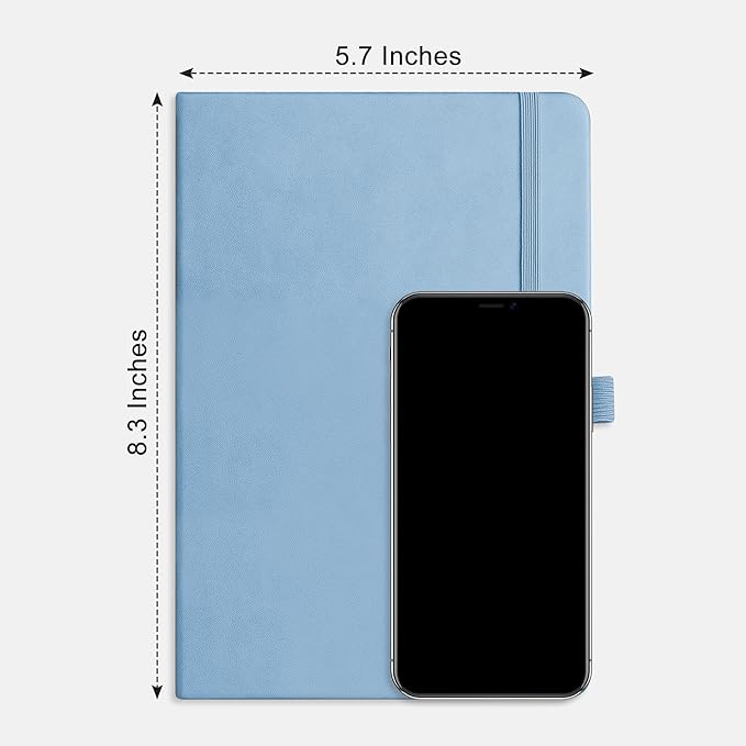 RETTACY Journaling Notebooks, A5 Lined Journal Notebook with 192 Numbered Pages, 5.7'' × 8.3'' Medium Size, for Writing, Work, Office, Leather Hardcover, 100 GSM Thick Paper (Light Blue)