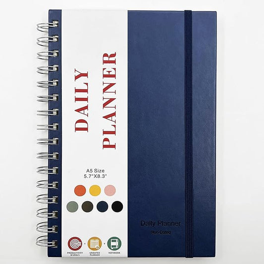 Undated Daily Planner,Undated Planner with Hourly Schedules, Daily Organizer Notebooks for work, Spiral Appointment Planner for Men and Wome, To Do List Notebook for Time Management, Elastic Closure, Pocket(Navy Blue)