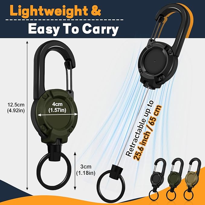 Heavy Duty Retractable Keychain, 3 Pack, Retractable ID Badge Holder Reel, Tactical ID Badge Reel, Key Ring Outdoor (Black, Dark Green, Khaki)