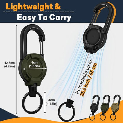 Heavy Duty Retractable Keychain, 3 Pack, Retractable ID Badge Holder Reel, Tactical ID Badge Reel, Key Ring Outdoor (Black, Dark Green, Khaki)