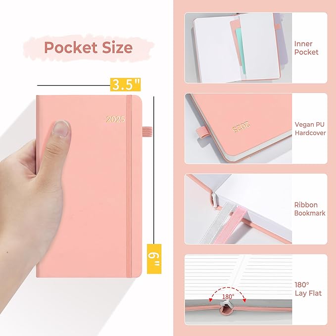 SUNEE 2025 Pocket Weekly Planner for Purse 3.5" x 6" - 12 Month (January 2025 - December 2025), Pocket Size Planner, Hardcover, Notes, Pocket, 100 GSM Paper, Peach Pink