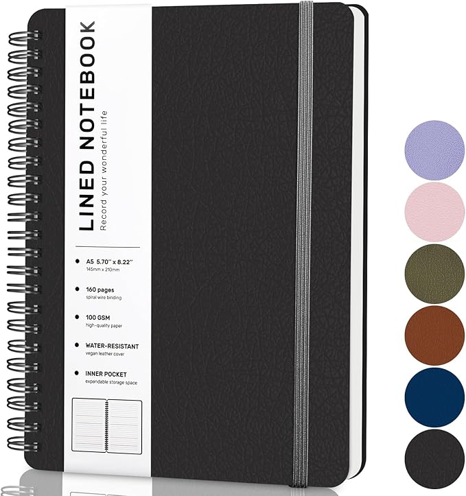 Black Lined Spiral Journal Notebook with 160 Pages, 8×5.7in, A5 Spiral Notebook, Journaling Notebooks for Work, School, Women, Men, College Ruled Spiral Notebook, Hardcover Leather Journals