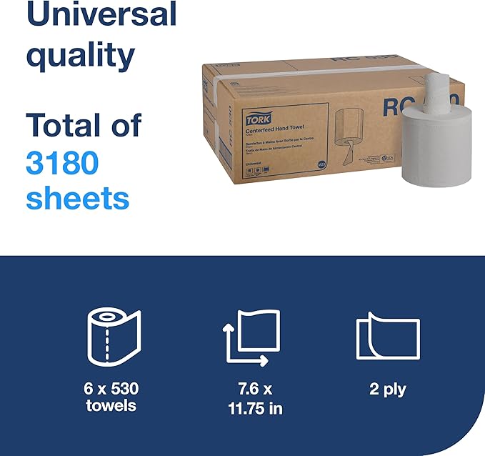 Tork Centerfeed Hand Towel White M23, One-at-a-time Dispensing, 6 x 530 Towels, RC530