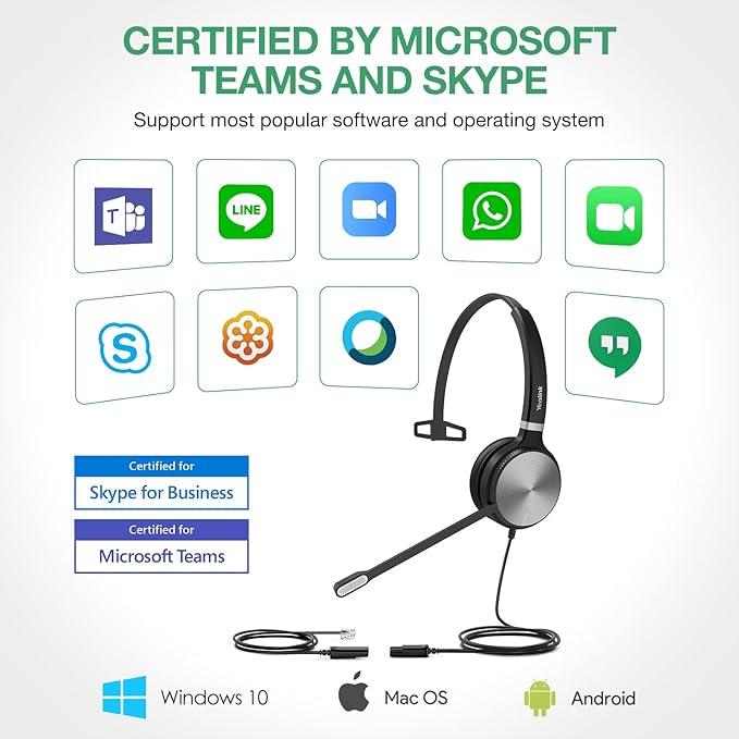 Yealink Phone Headsets for Office Phones YHS36 QD to RJ9 Wired Headset Compatible with Poly Snom Grandstream Phones Desk Landline VoIP Headset with Microphone -Mono/124g/2.1m Cable