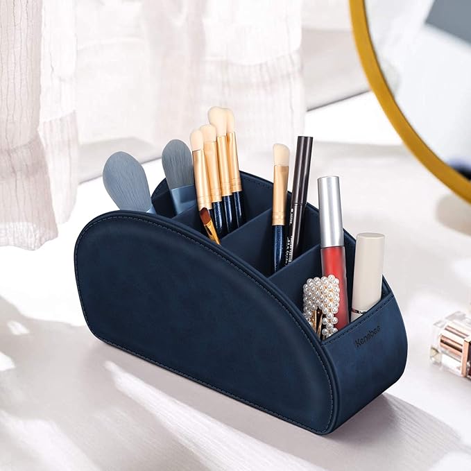 Remote Control Holder with 5 Compartments, KENOBEE Anti-slip Desktop Caddy Storage Organizer for Remote Controllers, Office Supplies, Makeup Brush, Media Accessories, Blue