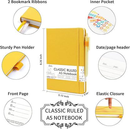 feela 3 Pack Notebooks Journals Bulk with 3 Black Pens, A5 Hardcover Notebook Classic Ruled Lined Journal Set with Pen Holder for Work Business Journaling Note Taking, 120 GSM, 5.1”x8.3”, Yellow