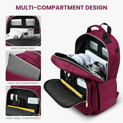 Travel Laptop Backpack for women, Work Backpack Woman with USB Charging Port, Water Resistant College Backpack, Stylish Quilted Girls Backpack Casual Daypack for 15.6 Inch Laptop, Red