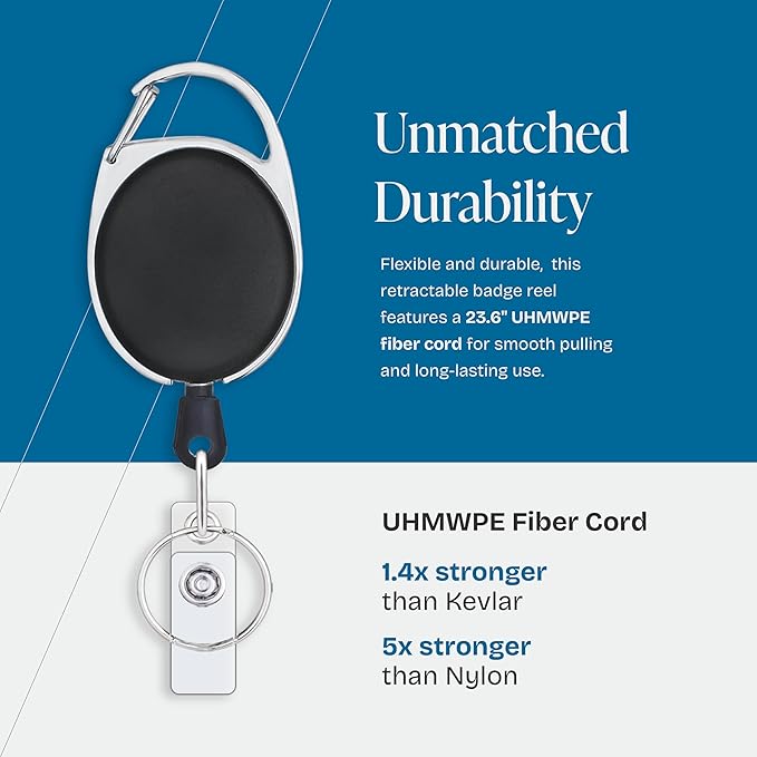 Will Well ID Badge Holders with Clip and Keyring - Vertical Clear Plastic 3.58" x 2.52" Sleeves Fit Up to 3 Cards - Retractable 24" UHMWPE Fiber Pull Cords for Easy Access - 10-Pack, Black Reels