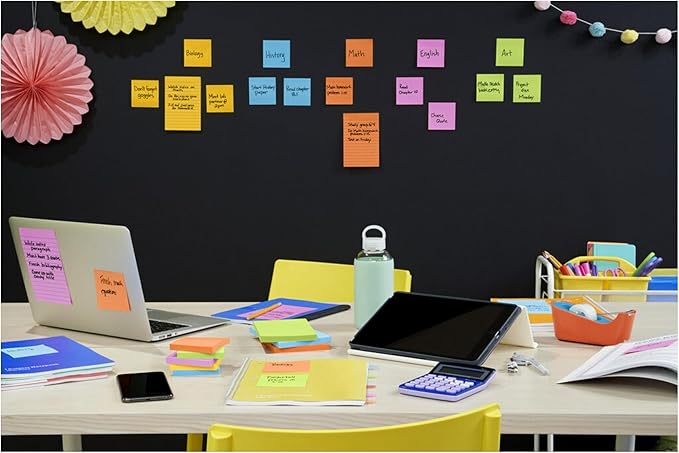 Post-it Super Sticky Lined Notes, 6 Sticky Note Pads, 4 x 4 in., School Supplies, Office Products, Sticky Notes for Vertical Surfaces, Monitors, Walls and Windows, Energy Boost Collection