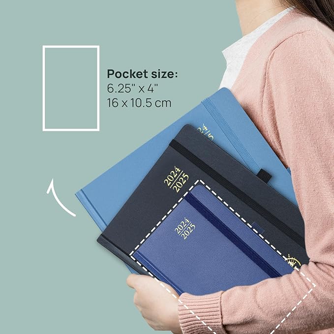 POPRUN Pocket Planner 2024-2025, [Pocket 4''x 6.25'' Hard Cover] Academic Year Calendar Daily Weekly and Monthly (July 24-June 25) with Hourly Time Slots, 100 GSM Paper - Black