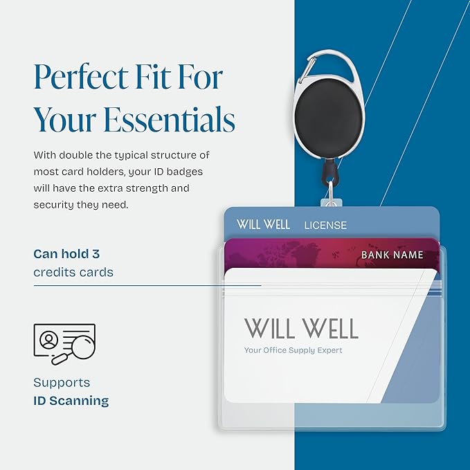 Will Well ID Badge Holders with Clip and Keyring - Horizontal Clear Plastic 3.7" x 2.5" Sleeves Fit Up to 3 Cards - Easy-Access Retractable 24" UHMWPE Fiber Pull Cords - 5-Pack, Black Reels