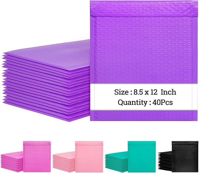 8.5x12 Inch Bubble Mailers 40 Pack, Self Seal Padded Envelopes for Small Business, Waterproof Shipping Bags, Purple