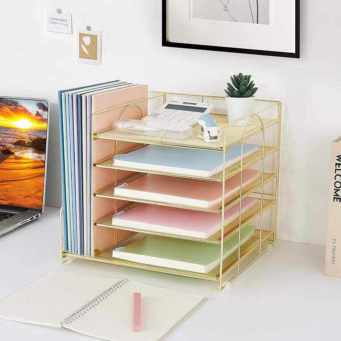 Desk Organizers and Accessories, 5-Tier Paper Letter Tray Organizer with File Holder, Desktop Organizer for Office Supplies, Office Desk Accessories & Workspace (Gold)