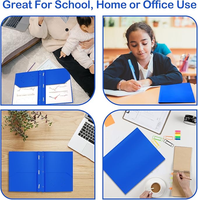 Heavy Duty Plastic Folder, 60 Pack, Pocket Folder with brads, Letter Size Poly File, Plastic Folders with 3 Prongs Fasteners - Blue