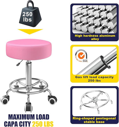 Rolling Stool, Heavy Weight Capacity 250lb, PU Leather Rolling stools, Ultra Soft Padded Seat, Rolling Stools with Wheels and Footrest, 360° Swivel, Spa Drawing Salon Work Office Tattoo Stool (pink)