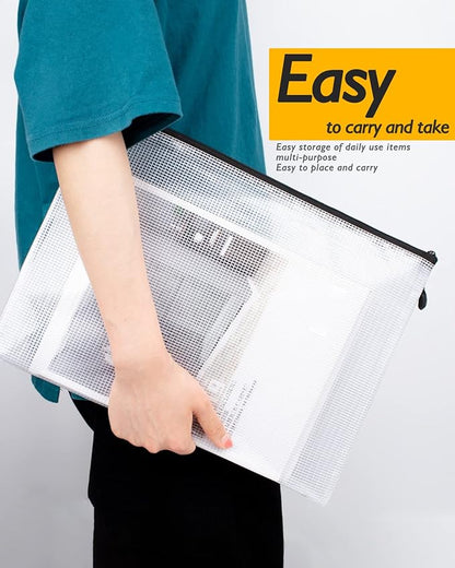SUNEE Plastic Mesh Zipper Pouch 4x9 in (Black, 12 Packs), Small Water-Resistant Zip Bag for School Office Supplies, Pencil Organizing Storage