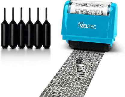 Veltec ID Protector Ink Roller - Identity Theft Protection Roller Stamp Set (Blue, Stamp+6 Refills)