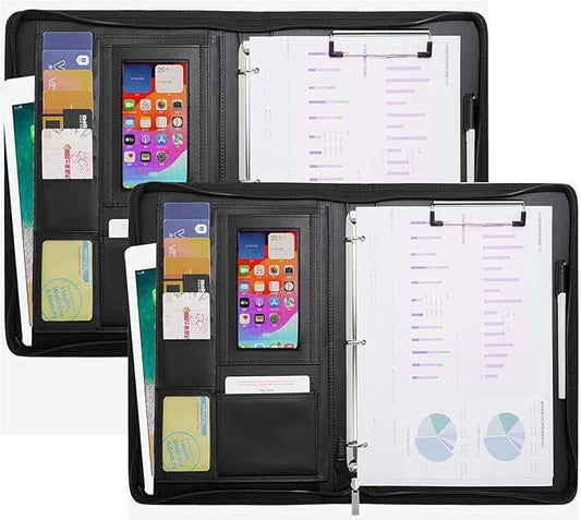 Portfolio Binder - 3 Ring Padfolio with Zipper, PU Business Portfolio Card Holder Tablet Sleeve A4 Writing Pad Clipboard, Meeting Document Organizer for Men Women 2 Pcs (No Calculator)