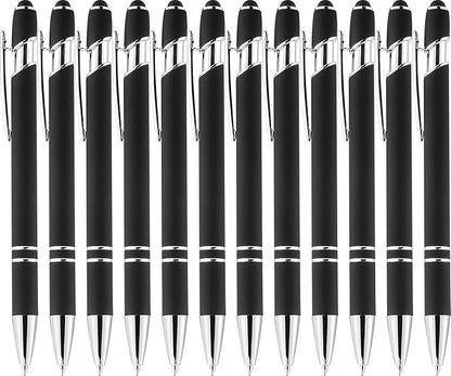 Linfanc 12 Pack Black Silver Ballpoint Pen with Stylus Tip, 1.0 mm Black Ink Smooth Writing Pens, Metal Stylus Pens for Touch Screens