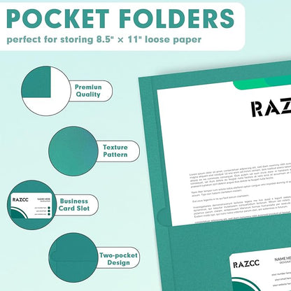 Two Pocket Folders, RAZCC 50 Pack 2 Pocket Folders Fit Letter Size Paper, Paper Folders with Pockets for School Office Business Home, Turquoise
