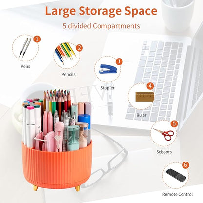Desk Pencil Pen Holder, 5 Slots 360°Degree Rotating Pencil Pen Organizers for Desk, Desktop Storage Stationery Supplies Organizer, Cute Pencil Cup Pot for Office, School, Home, Art Supply, Orange