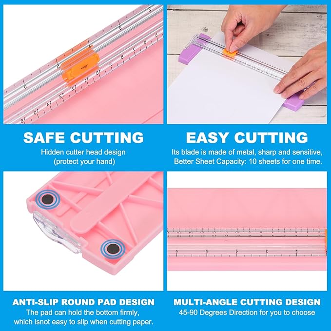 PATIKIL Paper Trimmer, Plastic Portable A5 Paper Cutter Slicer Tool with Side Ruler for Scrapbooking Craft Paper Photo Cardstock Label, Pink