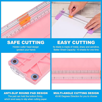 PATIKIL Paper Trimmer, Plastic Portable A5 Paper Cutter Slicer Tool with Side Ruler for Scrapbooking Craft Paper Photo Cardstock Label, Pink