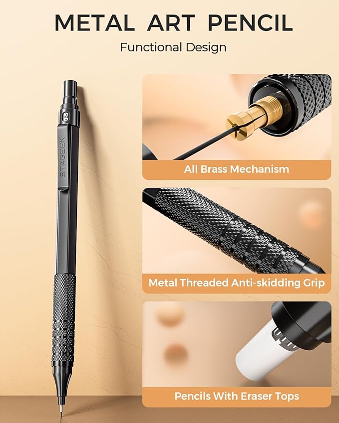 30Pcs Metal Mechanical Pencil Set with Leather Case, 0.5/0.7/0.9/2.0mm Art Drafting Pencils, 16 Tubes Graphite Leads (6B 4B 2B HB 2H 4H) with Colored Leads for Sketching Drawing Writing(Black)