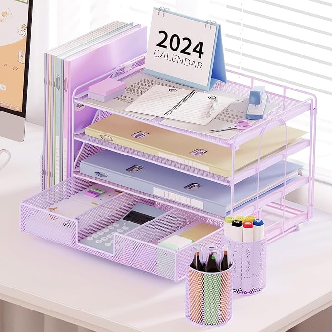 Paper Clip Holders Desk Organizers and Accessories,4-Tie Leter Tray Organizer with 2 Pen File Holder,Desk Drawer,Ofice Accesorie for Office Supplies,Purple