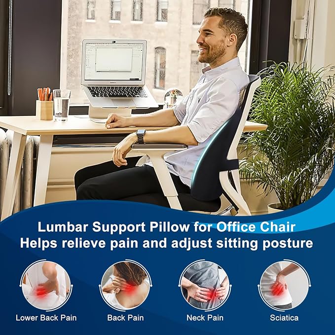 QUTOOL Lumbar Support Pillow for Office Chair, Memory Foam Low Back Support for Car,Back Pain Relief, Ergonomic Back Cushion for Desk Chair,Gaming Chair,Adjustable Strap and Washable Cover