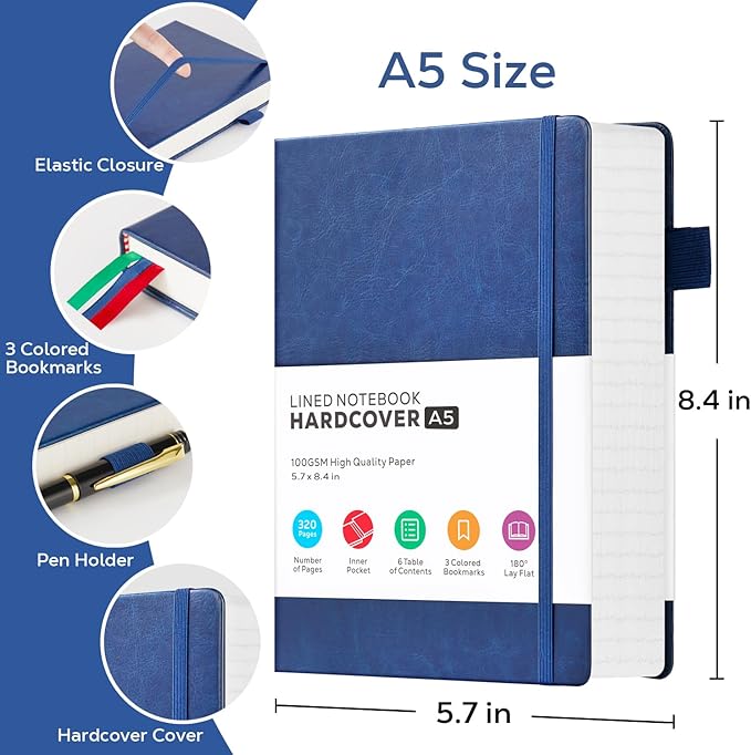 Thick Notebook Journal, Leather A5 Notebooks College Ruled 320 Pages Lined Paper Notebooks, Hardcover Journal Notebook for Writing Women and Men, 5.7'' X 8.4'', Dark Blue