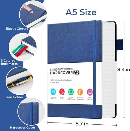 Thick Notebook Journal, Leather A5 Notebooks College Ruled 320 Pages Lined Paper Notebooks, Hardcover Journal Notebook for Writing Women and Men, 5.7'' X 8.4'', Dark Blue
