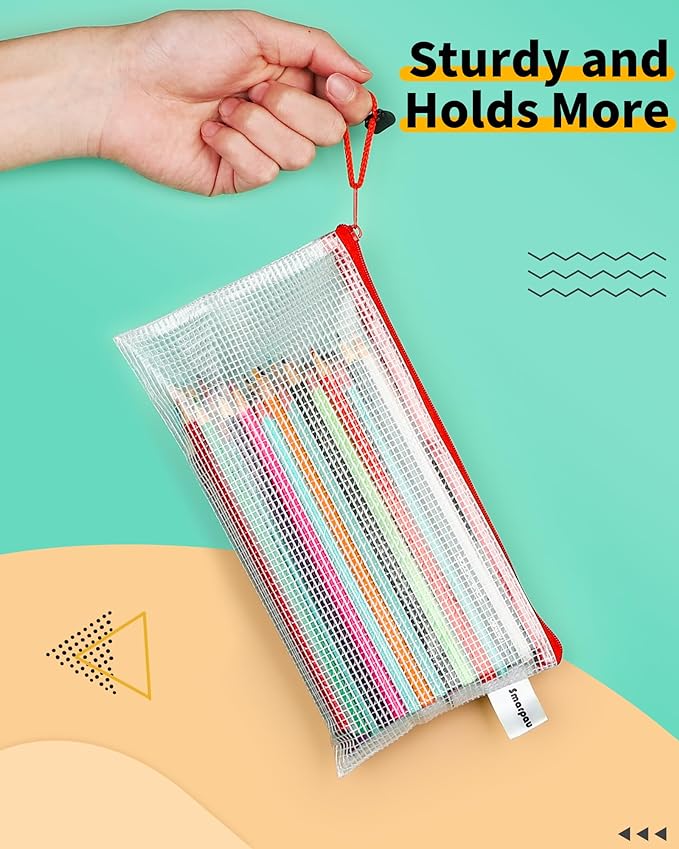 Smarpau 60 Pcs Pencil Pouch, 12 Colors 9.3" x 4.7" Small Mesh Zipper Pouches Clear Pencil Case, Waterproof Zipper Pencil Bags for Organizing Travel, Office Storage