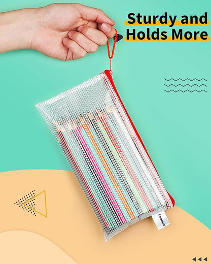 Smarpau 60 Pcs Pencil Pouch, 12 Colors 9.3" x 4.7" Small Mesh Zipper Pouches Clear Pencil Case, Waterproof Zipper Pencil Bags for Organizing Travel, Office Storage