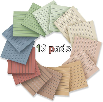 (16 Pack) Lined Sticky Notes 3x3 in Post Ruled Stickies Super Sticking Power Memo Pads Vintage Colors