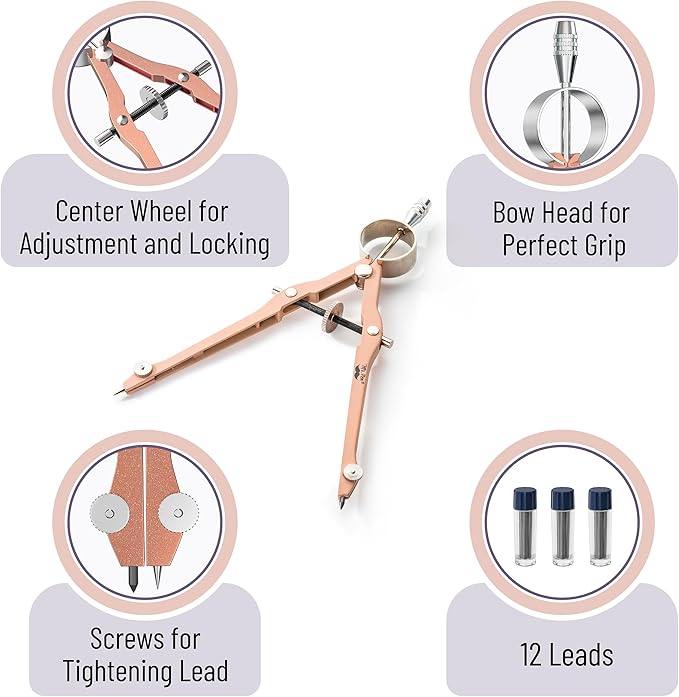 Mr. Pen Professional Geometry Compass - Rose Gold, Metal with Lock, Drawing & Drafting Compass - Extra Leads Included