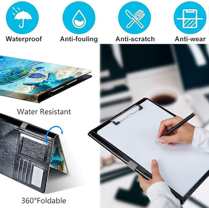 PU Leather Padfolio Folder Clipboard Portfolios Organizer Conference Document Organizer with Business Card Holder Storage Clipboard Writing Pad,Blue Turtle