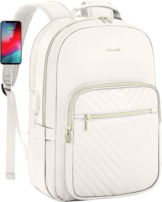 LOVEVOOK Leather Backpack for Women,17.3 inch Leather Laptop Backpack Women Computer Backpack Laptop Bag,Stylish Quilted Travel Backpack Purse Work Bag College Teacher Backpack with USB Port,Off-white