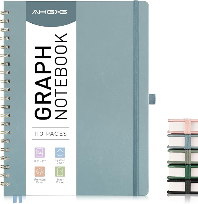 AHGXG Graph Paper Notebook - Spiral Notebook 8.5" x 11", A4 Large Hardcover Leather Journal Grid Notebook, 100 gsm Thick Graph Paper,Journals for School Writing Graphing Engineering Math, GrayBlue