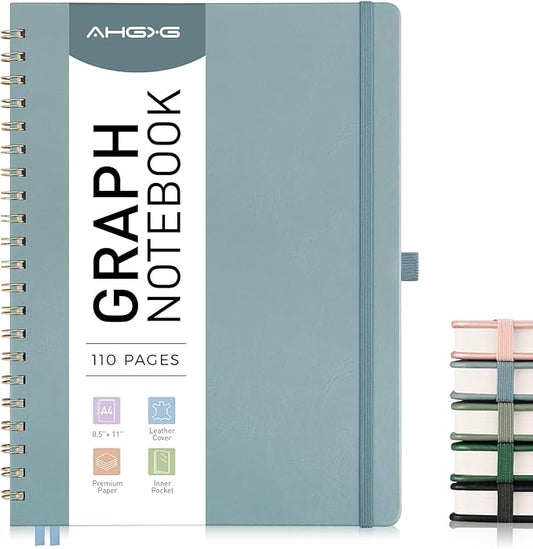 AHGXG Graph Paper Notebook - Spiral Notebook 8.5" x 11", A4 Large Hardcover Leather Journal Grid Notebook, 100 gsm Thick Graph Paper,Journals for School Writing Graphing Engineering Math, GrayBlue