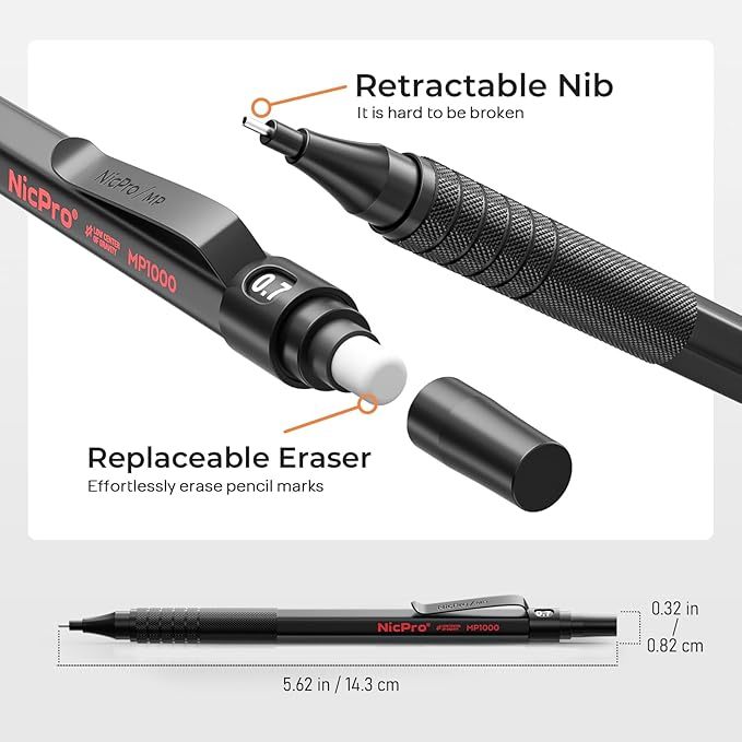 Nicpro 0.7 mm Mechanical Pencil Set with Case, 3 Metal Artist Pencil With 8 Tube HB Lead Refills, 3 Erasers, 9 Eraser Refills For Architect Art Writing Drafting Drawing, Engineering, Sketching, Black