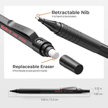 Nicpro 0.7 mm Mechanical Pencil Set with Case, 3 Metal Artist Pencil With 8 Tube HB Lead Refills, 3 Erasers, 9 Eraser Refills For Architect Art Writing Drafting Drawing, Engineering, Sketching, Black