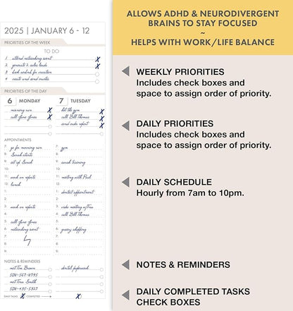 Essential PRO 2025 Daily, Weekly & Monthly Planner, 7"x9": 14 Months (Nov 2024 - Dec 2025) Monthly Tabs,Daily Tracking,Notes Pages,Storage Pocket,Bookmark w Sticky Notes (Watercolor Butterflies)