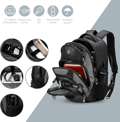 Swissdigital Design Large Business Laptop Backpack with Smart USB Charging Port, Travel Backpack Fits 15.6 inches laptops, Water Repellent College Backpack for Men Women (VECTOR SD803-02 Black/Grey)