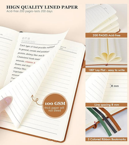 Lined Journal Notebook for Women and Men,Hardcover Leather Journaling Notebook for Writing, Travel, Business, Work and School,200 Pages A5 Notebook for Note Taking, Diary 5.9" × 8.5" - Brown