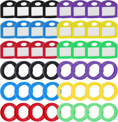 Uniclife 24 Pack Round Key Caps Covers and 24 Pack Key Cap Tags with Blank Paper Labels & Clear Windows Colorful Key Identifiers Protectors for Regular Flat House Keys (Not for Odd-Shaped Keys)